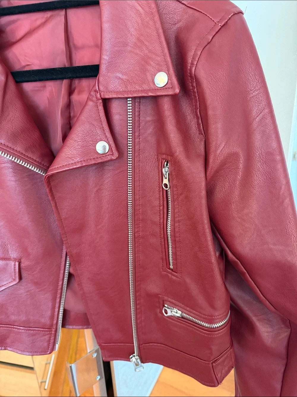 Women’s Red Faux Leather Moto Jacket